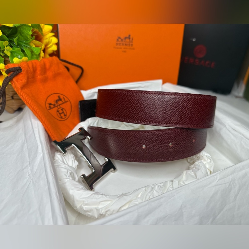 Auth HERMES EUC H Belt 70SV F Engraved Red/Black Reversible W/Box BA020136 - Picture 7 of 17